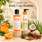 Body care routine featuring body wash and body lotion from 6M Veyra