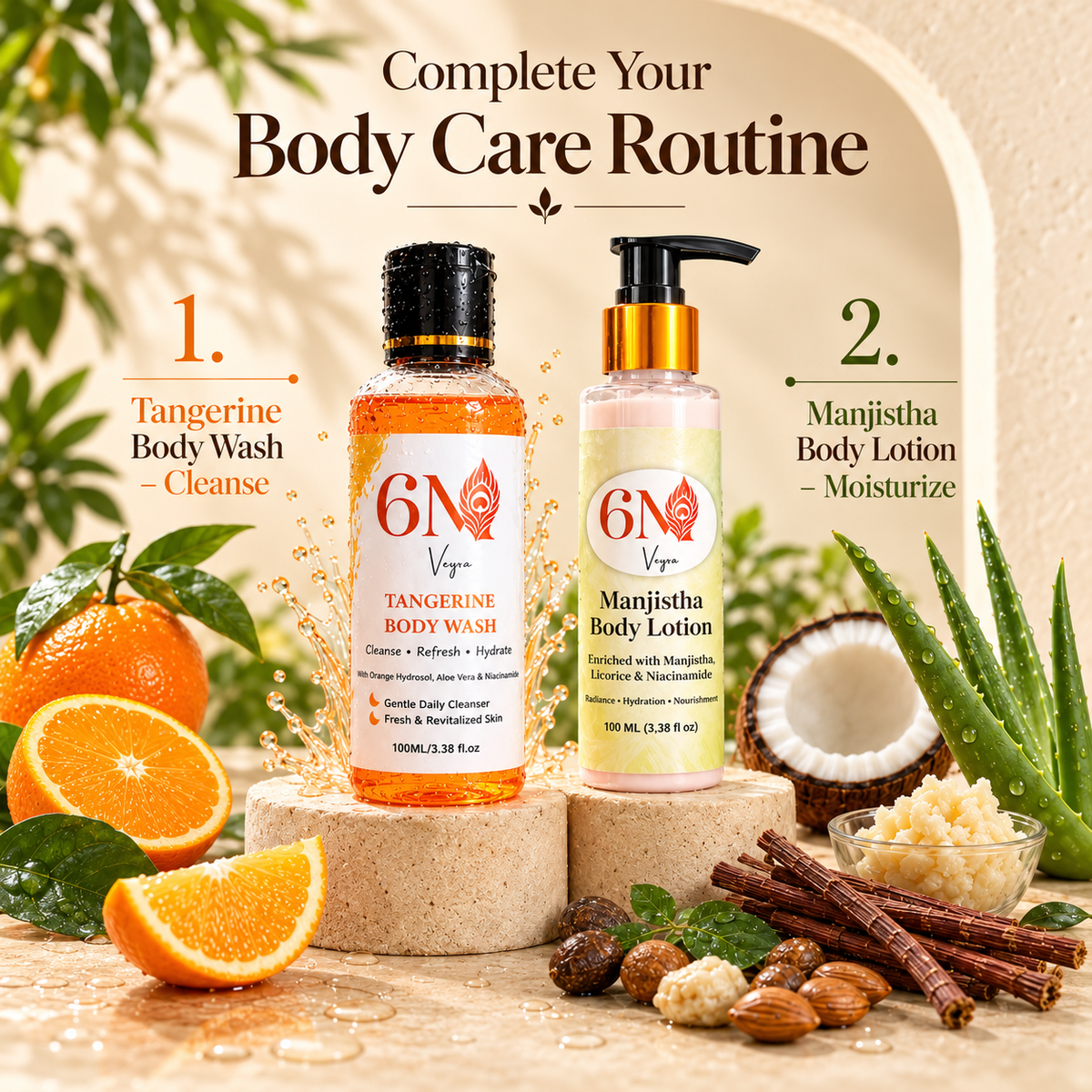 Body care routine featuring body wash and body lotion from 6M Veyra