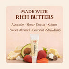 Gentle fingertip application of hydrating strawberry lip balm on lips